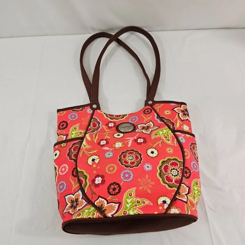 Longaberger Homestead Red Floral Print Snap Close Shoulder Handbag Purse